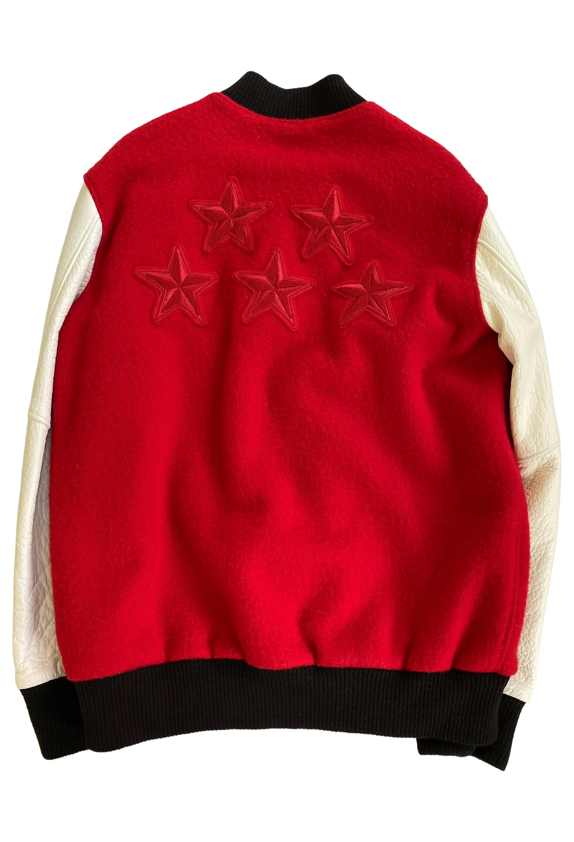 Red jacket with star designs on a white background. Roots x OVO Take Care Tour Varsity 2011