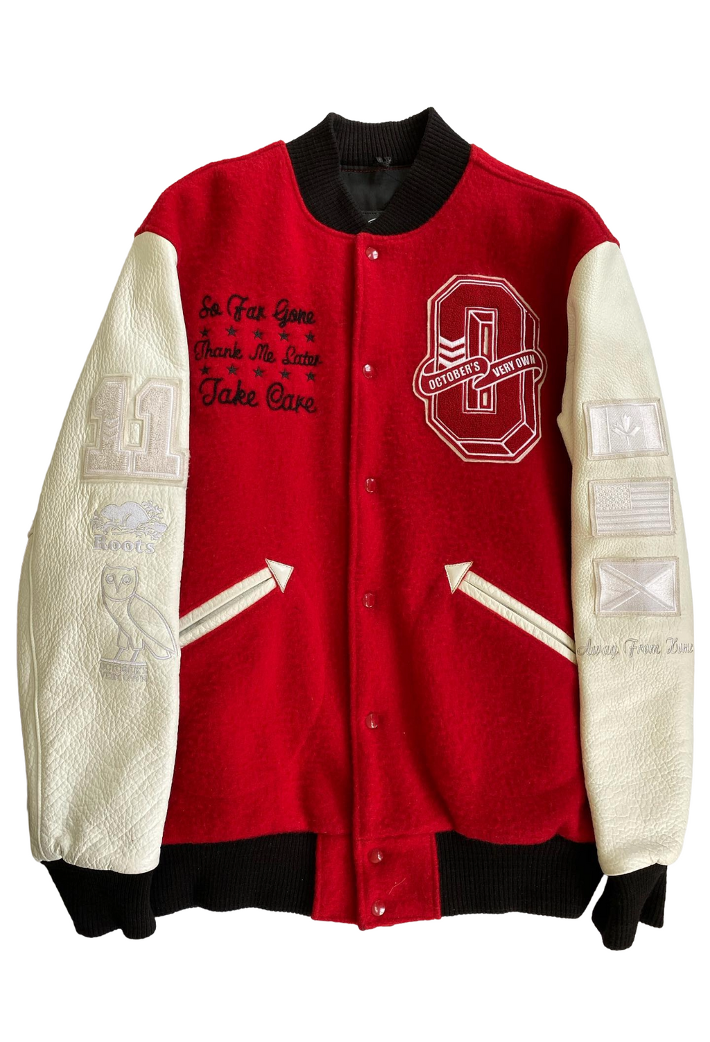 Red and white varsity jacket with black accents on a white background. Roots x OVO Take Care Tour Varsity 2011