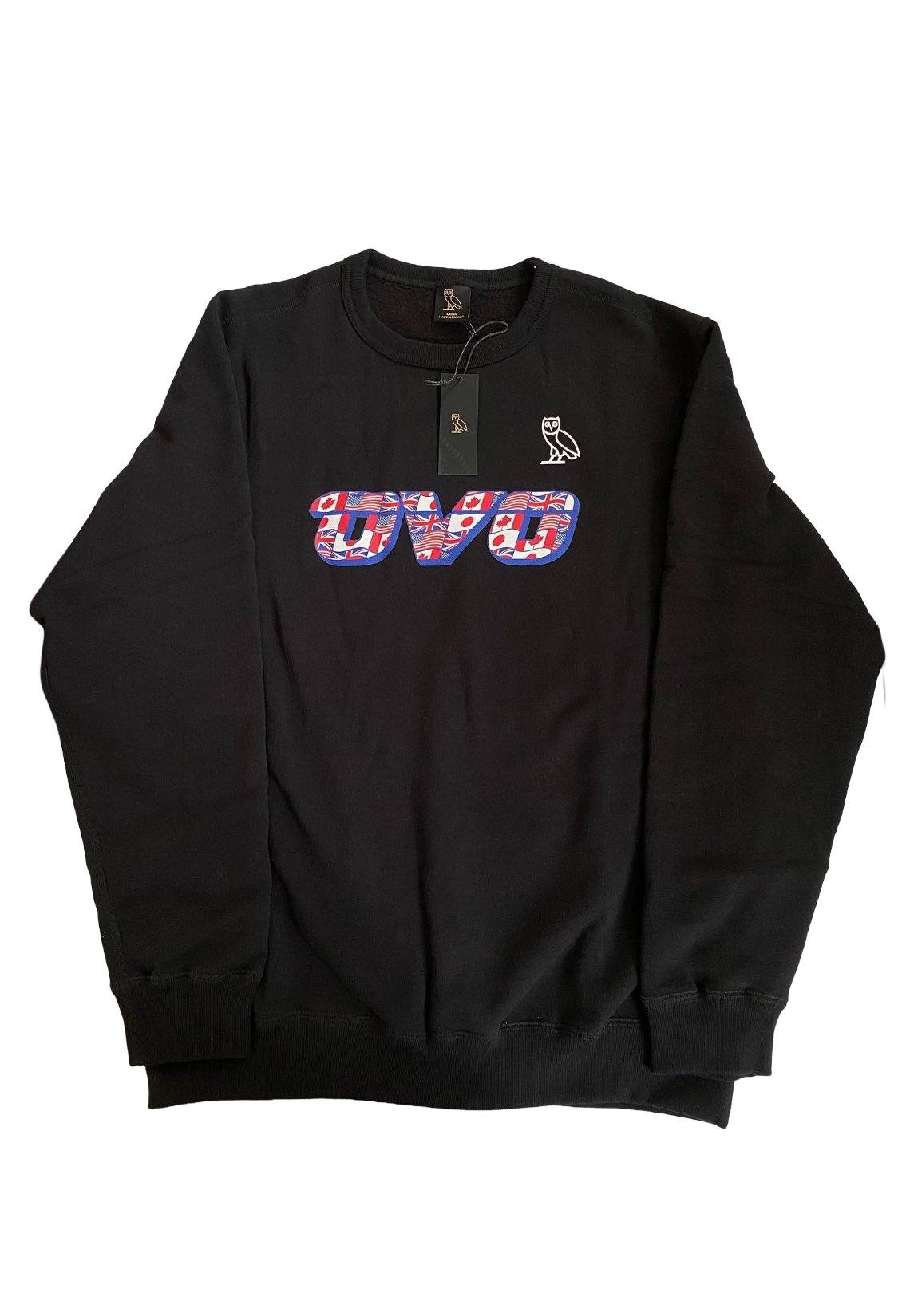 Black sweatshirt with colorful 'OVO' logo on a white background Runner Flag Crewneck 2021