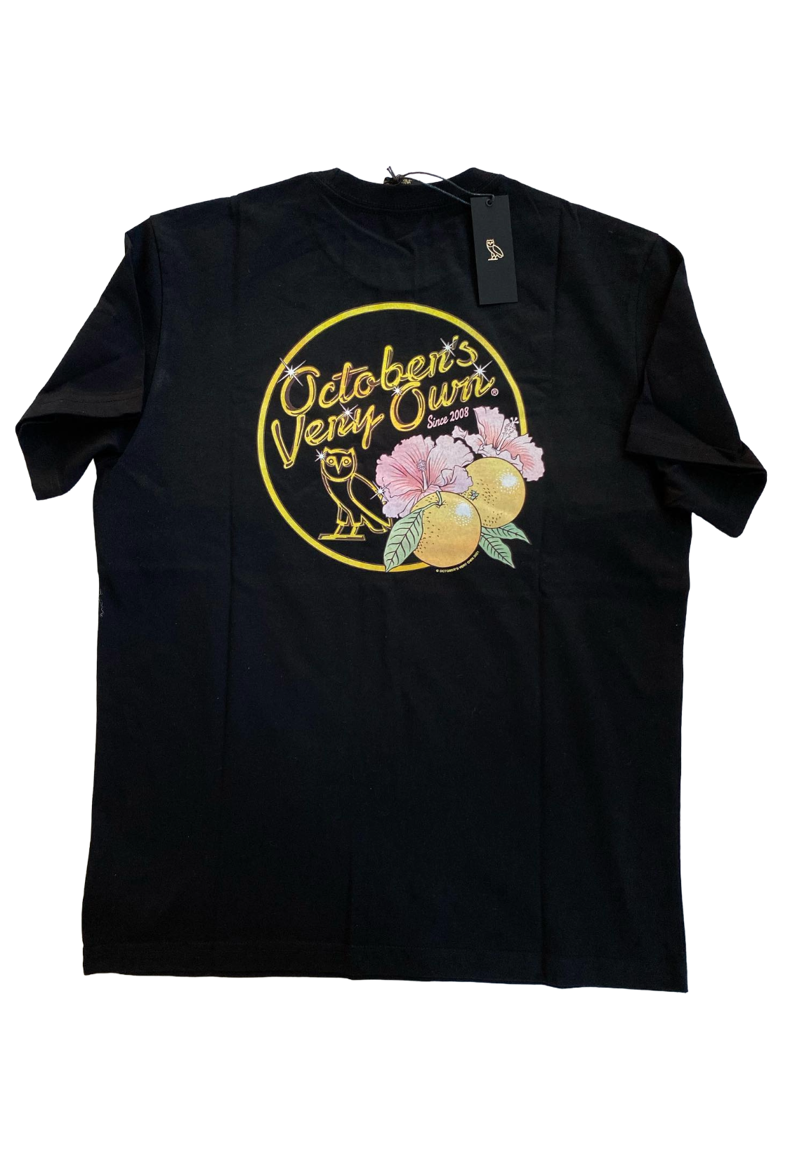 Black t-shirt with 'October's Very Own' logo and floral design on a white background. Solid Gold Tee Large 2021