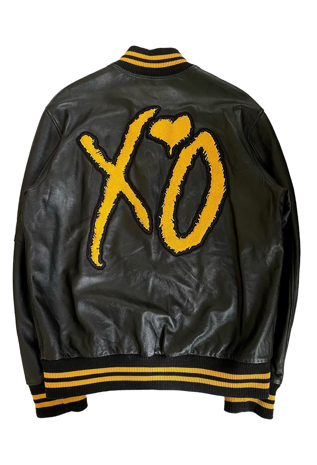Black leather jacket with yellow 'XO' design on a white background
