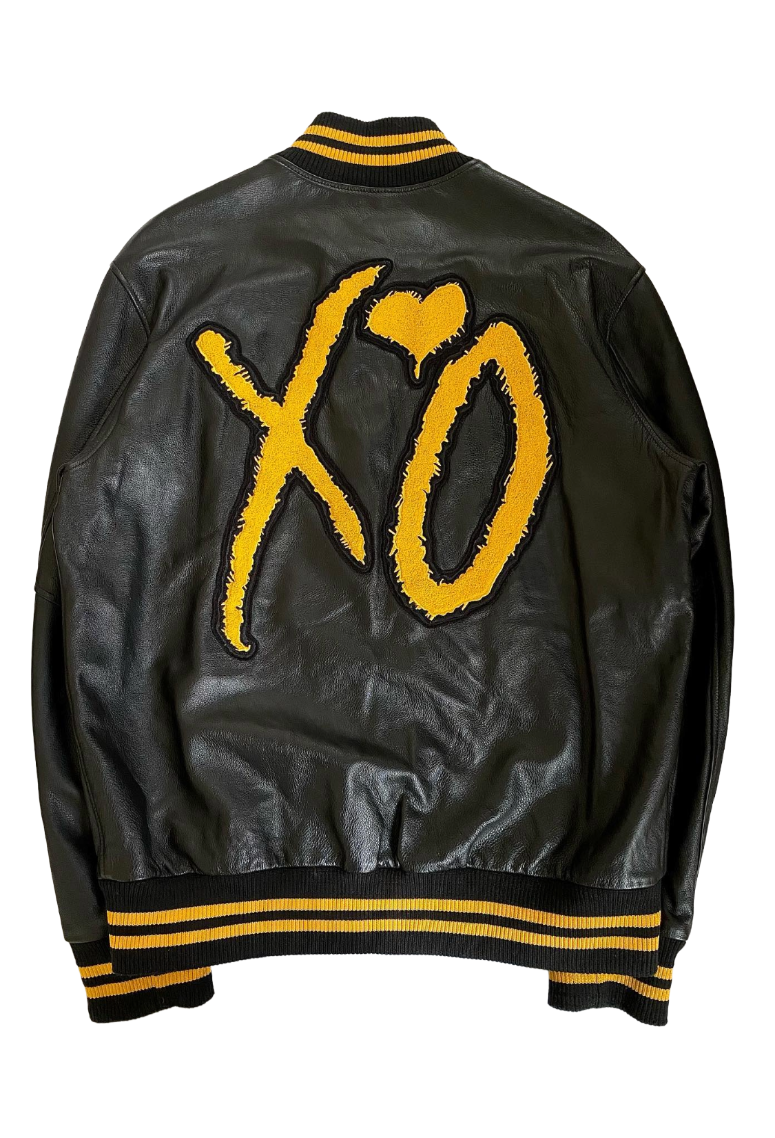 Black leather jacket with yellow 'XO' design on a white background
