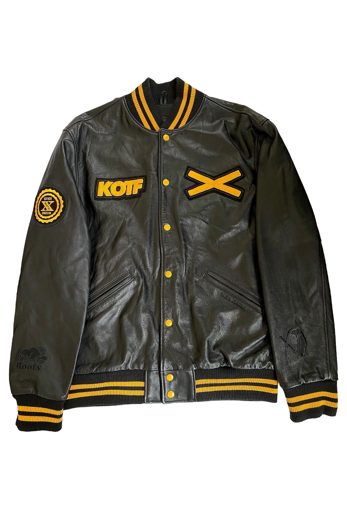 Black leather jacket with yellow accents and branding on a white background