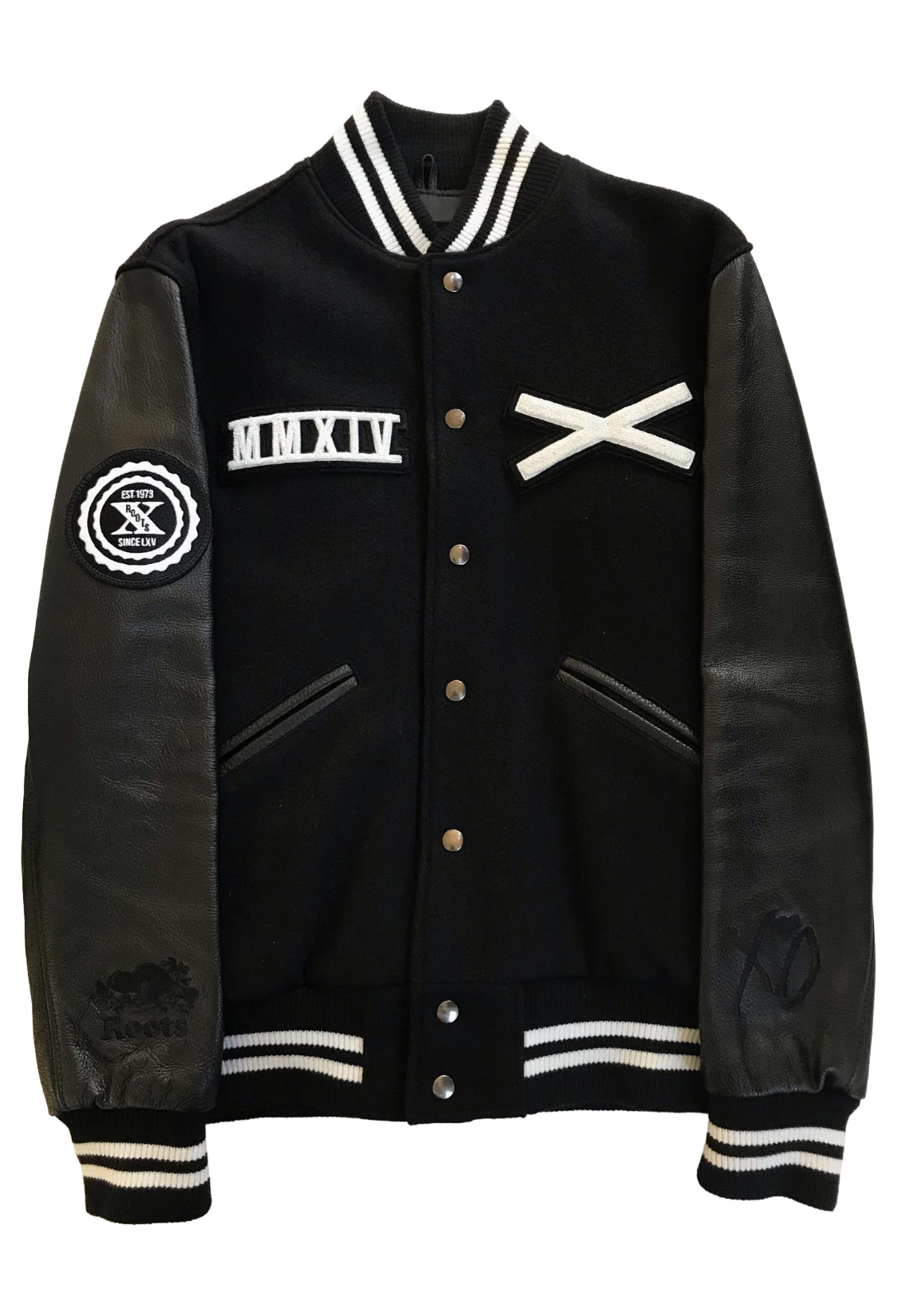 Black varsity jacket with leather sleeves and white lettering on a white background