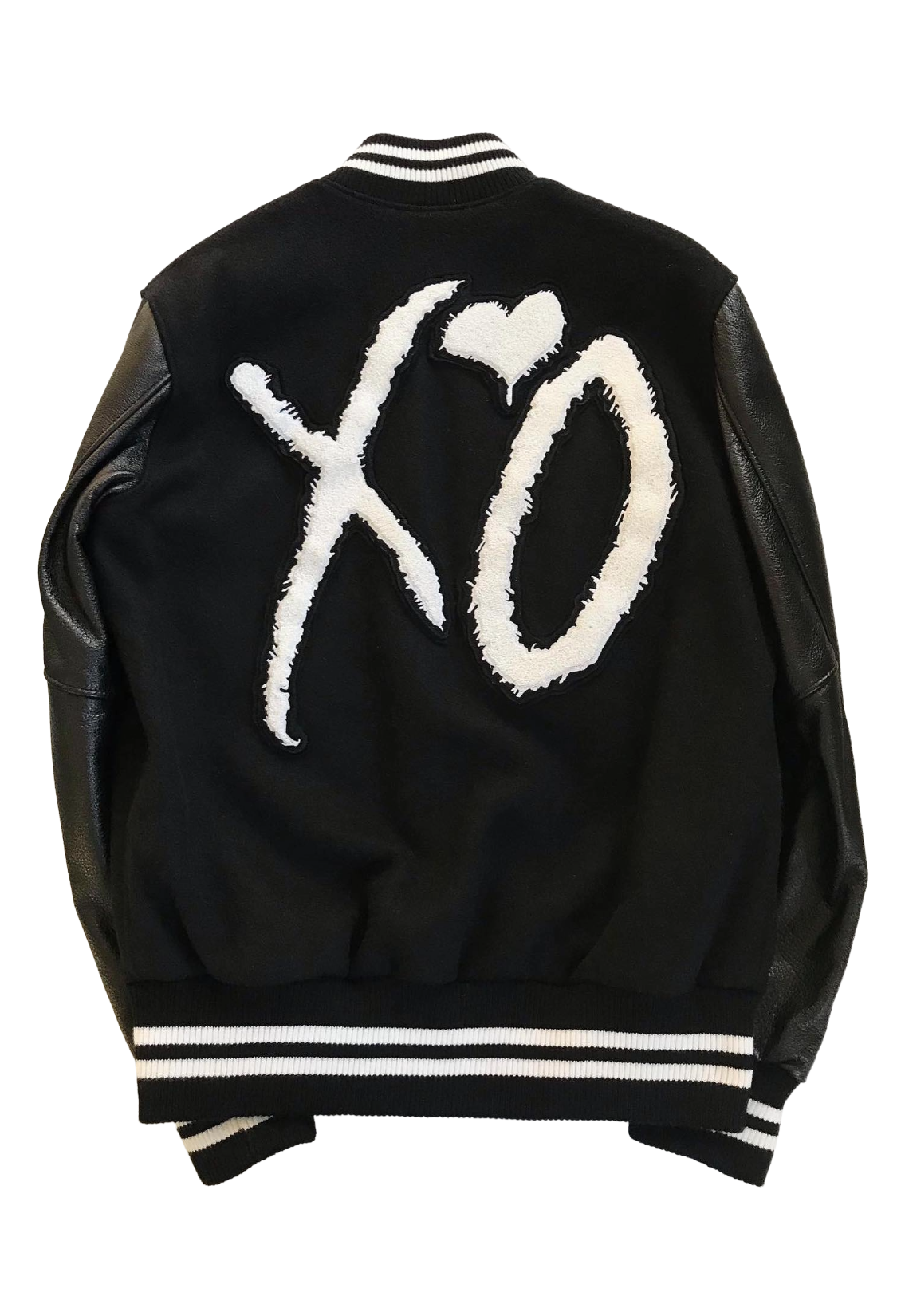 Black varsity jacket with white lettering on a white background